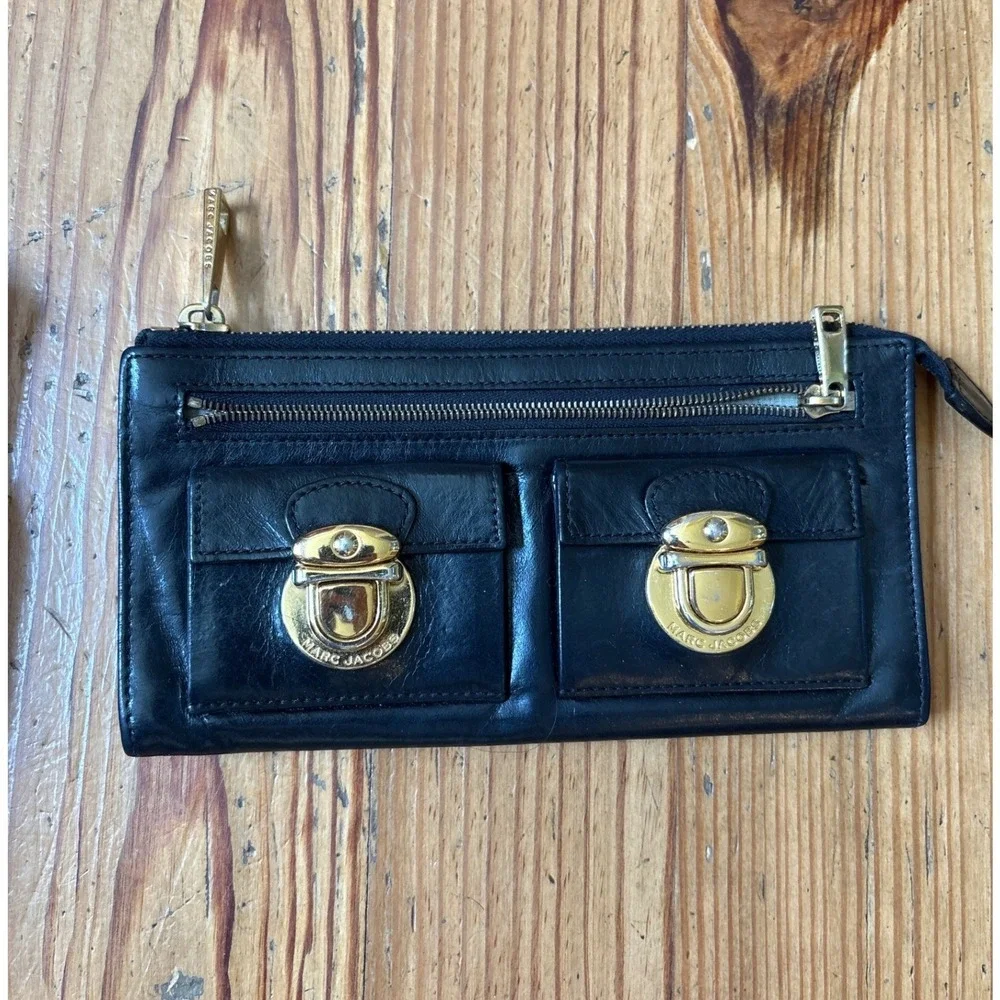 Marc Jacobs Satchel Bag Women Black Leather Gold Push Lock Vintage SIZE Medium